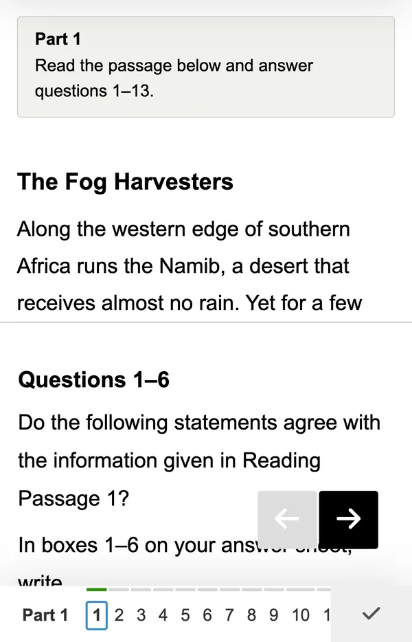 A Reading test on a phone: the passage above, the questions below.